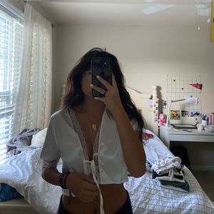 Tie white satin top with lace detailing !!